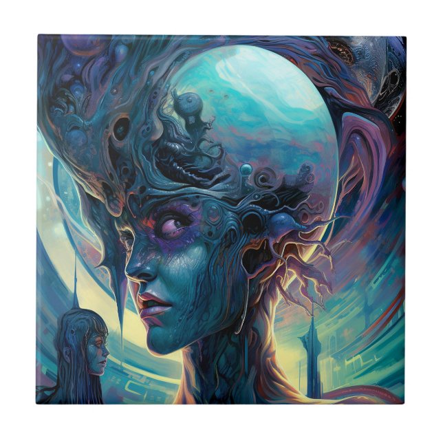 Konstig Surreal Alien Woman Art Kakelplatta (Framsidan)