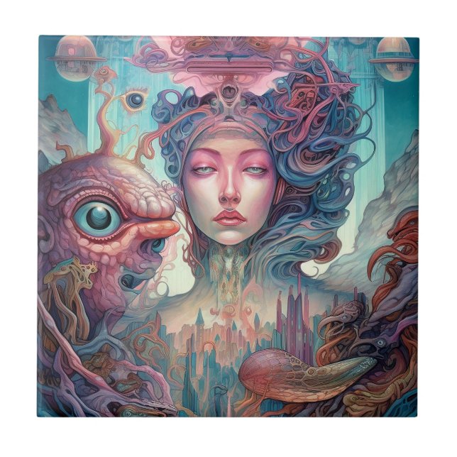 Konstig Surreal Alien Woman Art Kakelplatta (Framsidan)