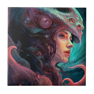Konstig Surreal Alien Woman Art Kakelplatta