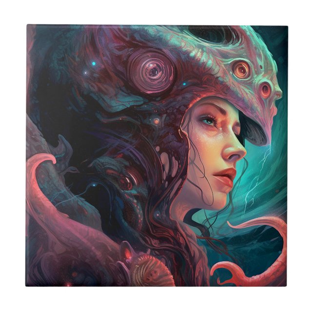 Konstig Surreal Alien Woman Art Kakelplatta (Framsidan)