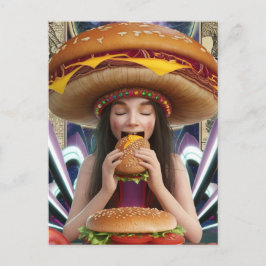 Konstig Surreal Girl med Cheeseburger Hat Scifi Vykort
