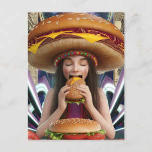 Konstig Surreal Girl med Cheeseburger Hat Scifi Vykort