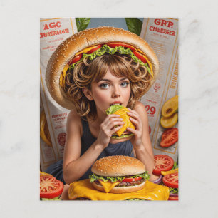 Konstig Surreal Girl med Cheeseburger Hat Vykort