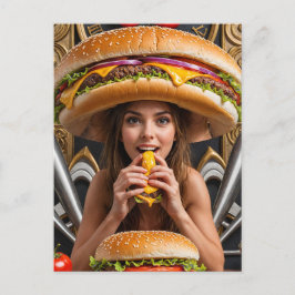 Konstig Surreal Girl med Cheeseburger Hat Vykort