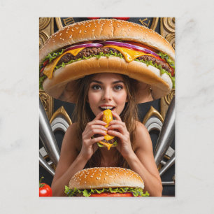Konstig Surreal Girl med Cheeseburger Hat Vykort