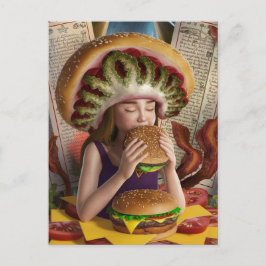 Konstig Surreal Girl med en Bacon Cheeseburger Vykort
