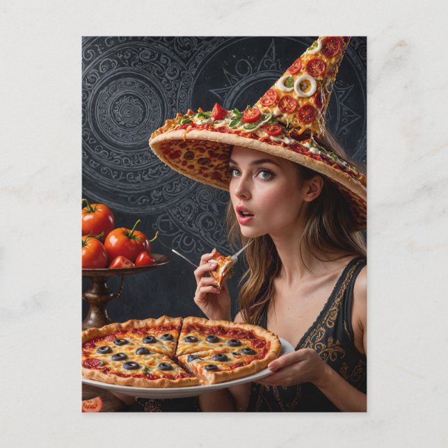 Konstig Surreal Girl med Pizza Hat Vykort (Framsida)