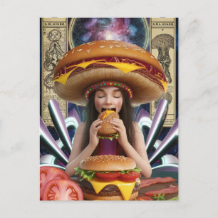Konstig Surrealistisk Tjej med en Cheeseburgare Ha Vykort