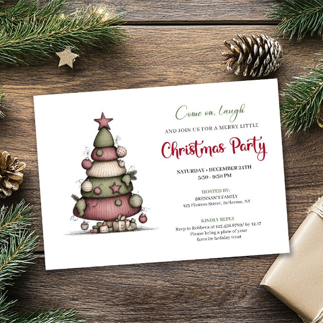 Konstig tecknad julgran semester utskrivbar inbjud inbjudningar (Quirky cartoon tree holiday printable invitation)