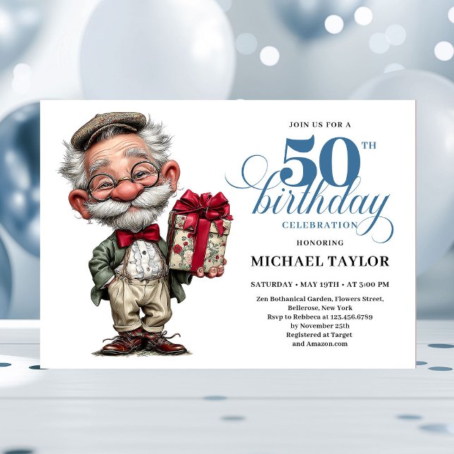 Konstig Tecknad Man 50-årsdag Humor Inbjudan (Quirky Cartoon Man 50th Birthday Humor Invite)