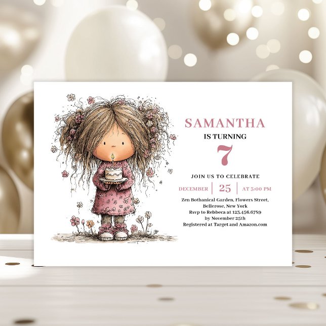 Konstig tjej 7-års födelsedagsinbjudan Rosa Nedlad Inbjudningar (Quirky Girl 7th Birthday Invite Pink Download)