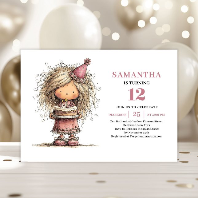 Konstig tjej födelsedagsinbjudan dammig rosa utskr inbjudningar (Quirky Girl Birthday Invite Dusty Pink Printable Card)