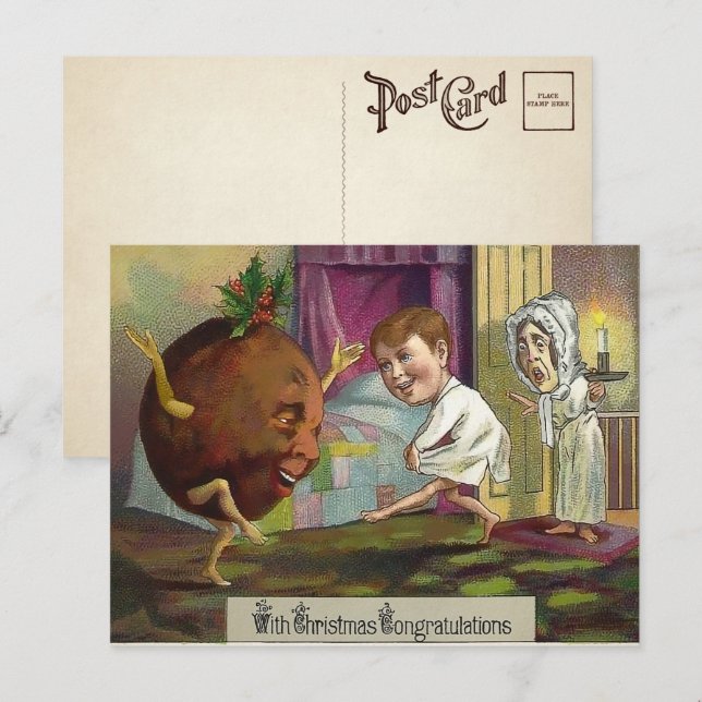 Konstig viktoriansk jul gratulations vykort (Fram/baksida)