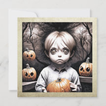 Konstigt barn med stora ögon och halloween-pumpor
