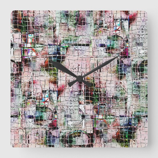 Konstigt färgad teckning under jute med rustik åld fyrkantig klocka (Framsida)