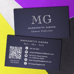 Konstläder Mörkblå och Vit Monogram QR-kod Visitkort