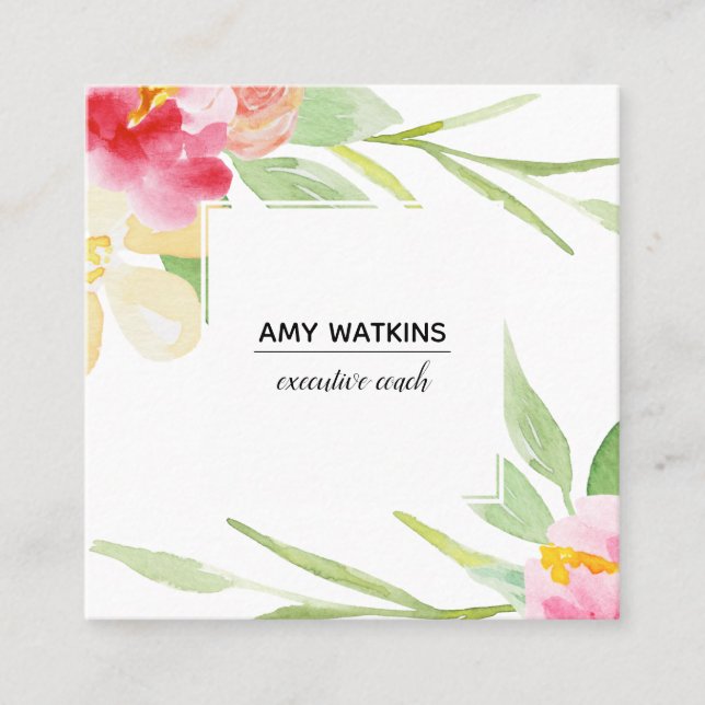 Konstmålade vattenfärgsblommor Vita Fyrkantigt Visitkort (Framsida)