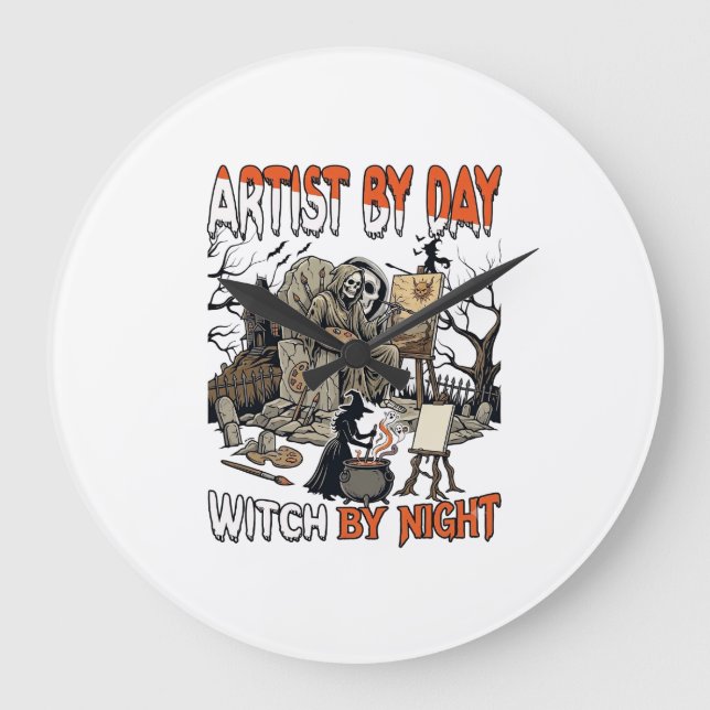 Konstnär Dag Häxa Natt Halloween Skelett Målare  Stor Klocka (Framsida)