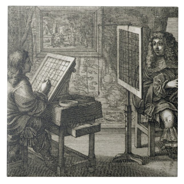 Konstnär som målar ett porträtt över ett raster kakelplatta (Framsidan)