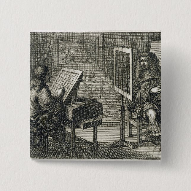 Konstnär som målar ett porträtt över ett raster knapp (Framsida)