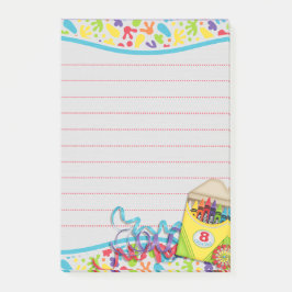 Konstnären målar splats som crayonen boxas postar post-it block