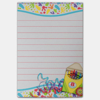 Konstnären målar splats som crayonen boxas postar post-it block