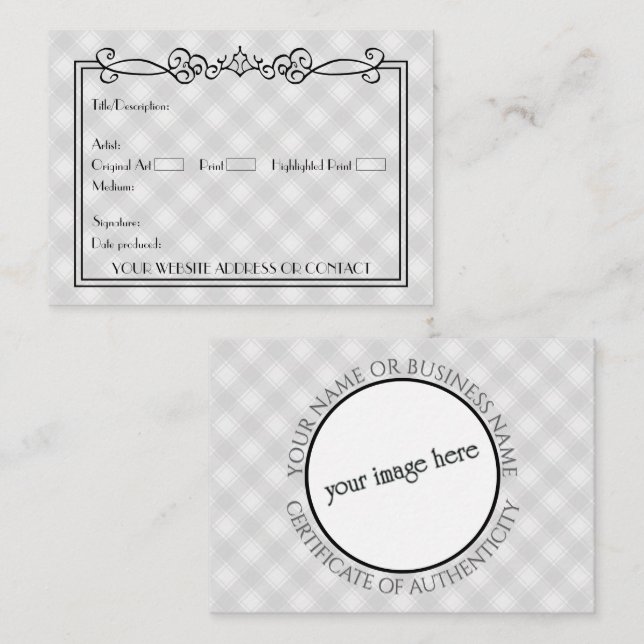 Konstnärers tomma COA-äkthetscertifikat Anteckningskort (Fram/baksida)