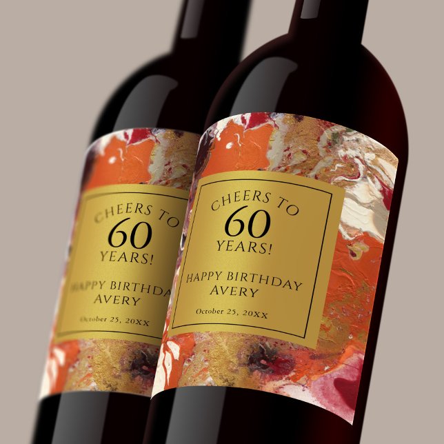Konstnärlig Abstrakt Boho-färgad 60:e födelsedag Vinflaska Etikett (Personalize this wine label for a special milestone birthday party!)