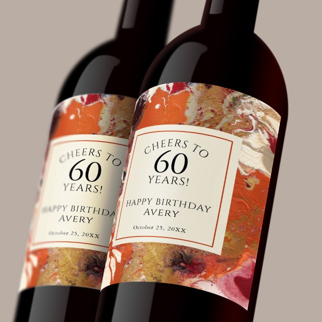 Konstnärlig Abstrakt Boho-färgad 60:e födelsedag Vinflaska Etikett (Celebrate 60 in artful style with this custom wine label.)