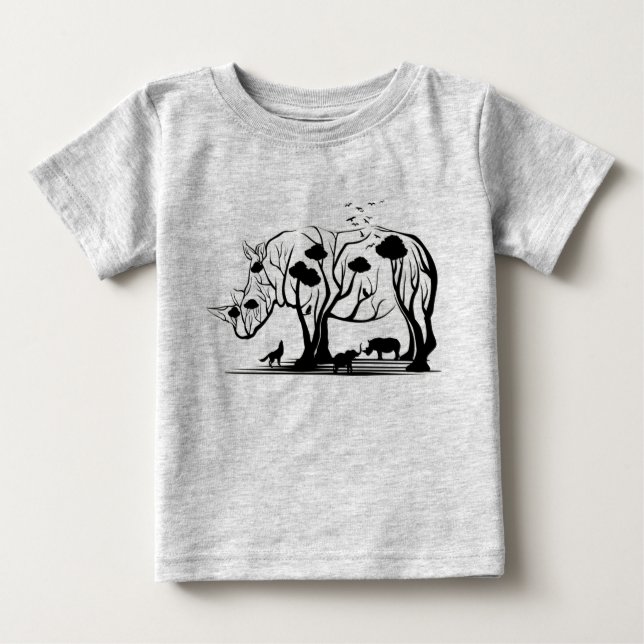 Konstnärlig afrikansk Vild i Rhino Träd Art T Shirt (Framsida)