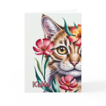 Konstnärlig akvarell kattporträtt med rosa blommor