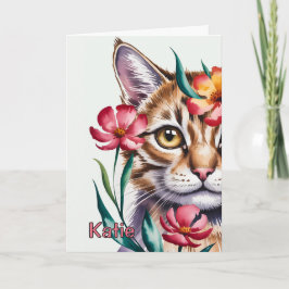 Konstnärlig akvarell kattporträtt med rosa blommor kort