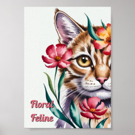 Konstnärlig akvarell kattporträtt med rosa blommor poster