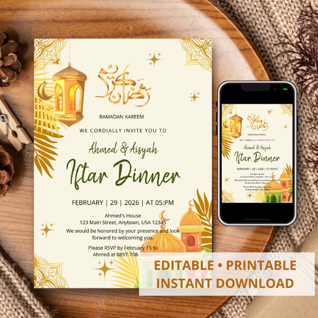 Konstnärlig akvarell moské och guld palm Iftar Inbjudningar (Skapare uppladdad)