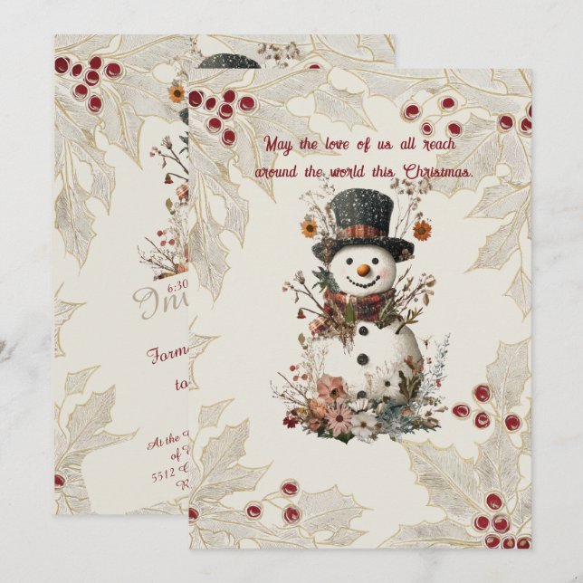 Konstnärlig akvarell snöman Beige blommotiv Inbjudningar (Fram/baksida)