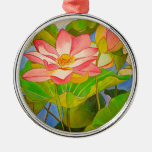 Konstnärlig akvarellmålning av lotus rosa näckroso julgransprydnad metall