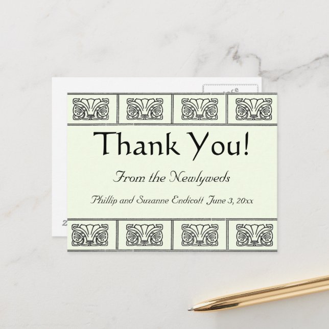 Konstnärlig Art Deco Blommig Kant Tack Vykort (Fram/Back In Situ)