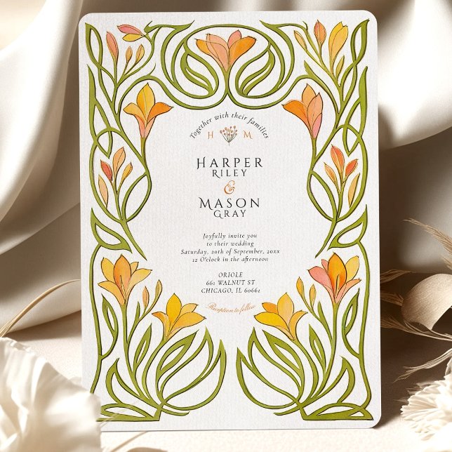 Konstnärlig Art nouveau Orange Lily Bröllop Inbjudningar (Skapare uppladdad)