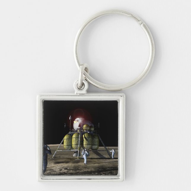 Konstnärlig återgivning av ett nytt rymdskepp till fyrkantig silverfärgad nyckelring (Framsidan)