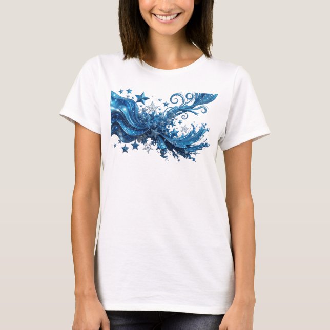 Konstnärlig blå BLÅ STJÄRNOR Tryck T Shirt (Framsida)