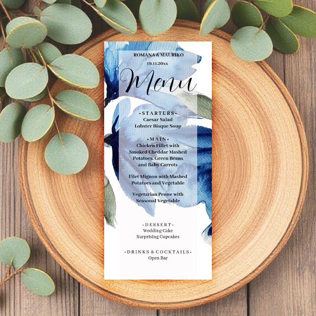 Konstnärlig blå Blommigt Vattenfärg Hand-målad Meny (Skapare uppladdad)