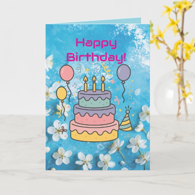 Konstnärlig blå vit körsbärsblom Birthday Card Kort (Gul blomma)