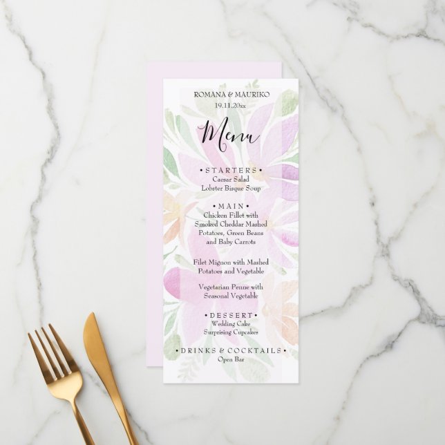 Konstnärlig  Blommigt Vattenfärg Handmålad Meny (Fram/Back In Situ)