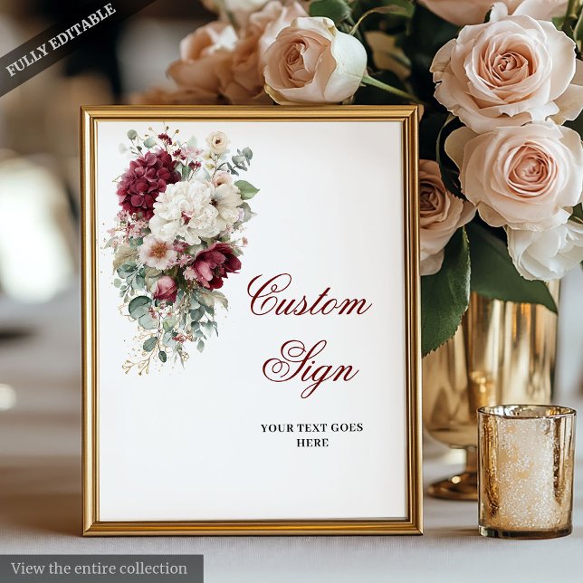 Konstnärlig Boho Burgundy Ro Bröllop Anpassningsba Poster (Artistic Boho Burgundy Rose Wedding Custom Sign)