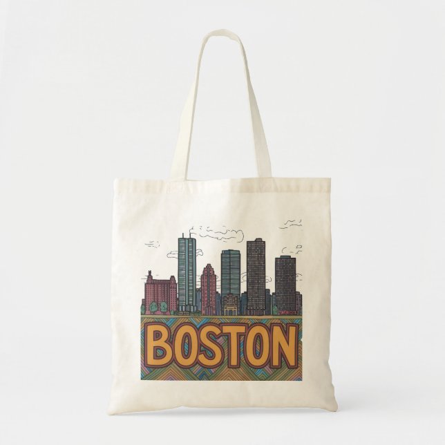 Konstnärlig Boston Skyline Handritad Skiss Gåva Tygkasse (Framsidan)