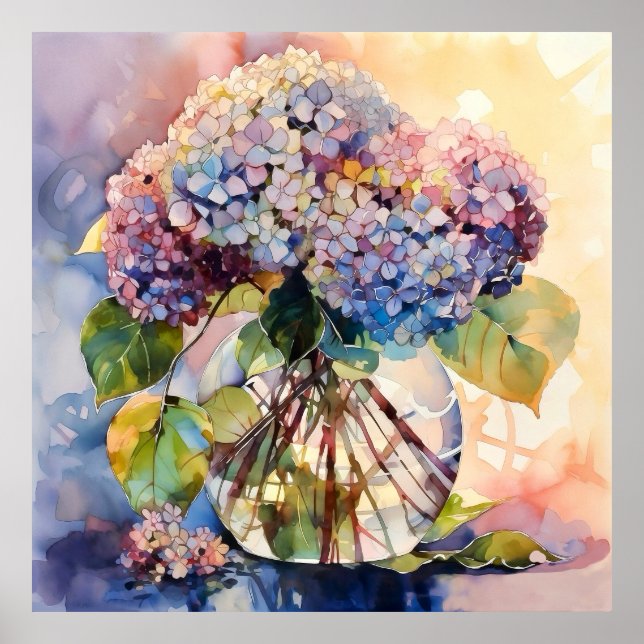 Konstnärlig bukett med hydrangeor i botanisk stil poster (Framsidan)