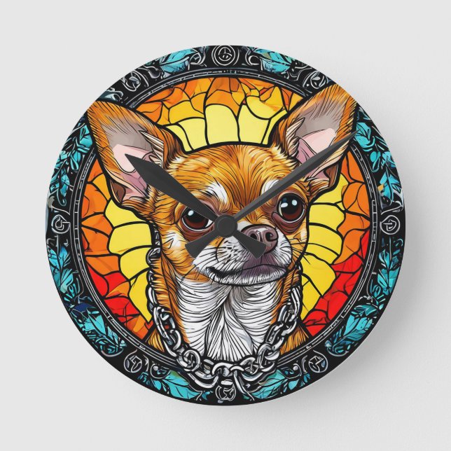 Konstnärlig Chihuahua-illustration i glasmålning Rund Klocka (Framsida)
