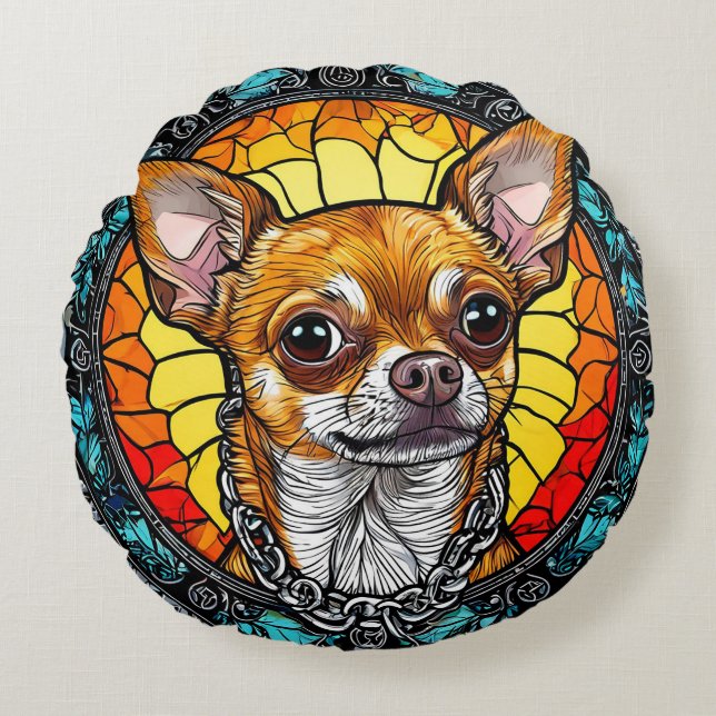 Konstnärlig Chihuahua-illustration i glasmålning Rund Kudde (Framsidan)
