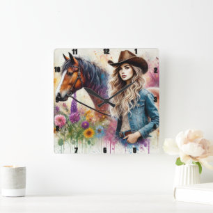 Konstnärlig Cowgirl och Horse med Vibrant Blommigt Fyrkantig Klocka