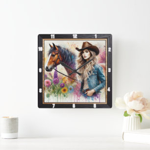 Konstnärlig Cowgirl och Horse med Vibrant Blommigt Fyrkantig Klocka